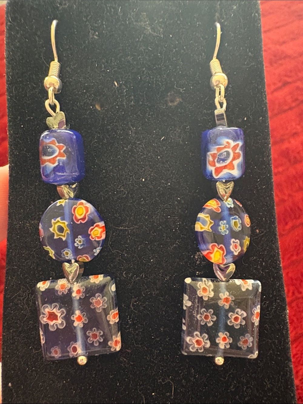 Hand Crafted Blue Millefiori Floral Drop Earrings